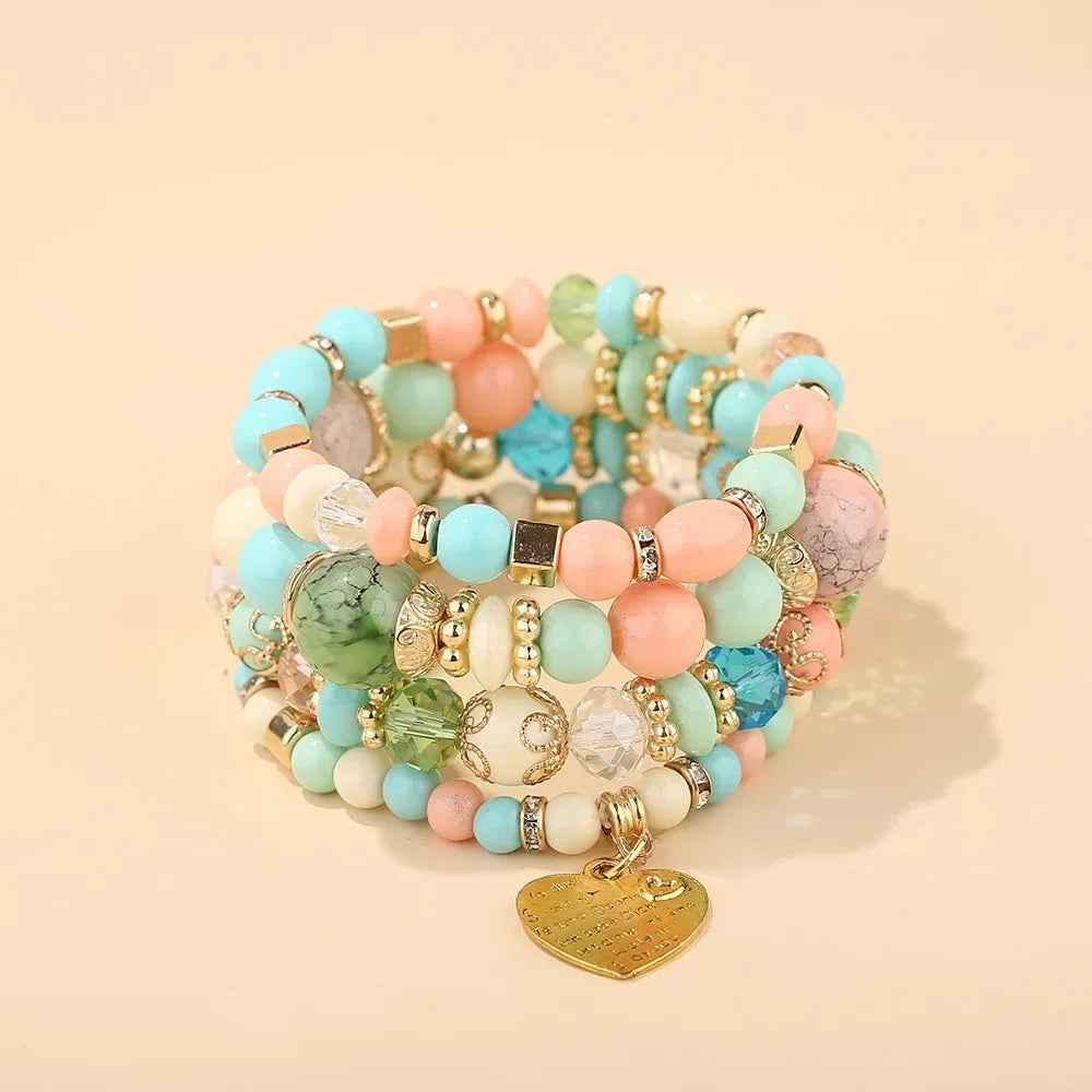 4Pcs Boho Crystal Beads Chain Bracelet Set For Women Vintage Heart Charm Elastic Bangle Men Fashion Party Jewelry