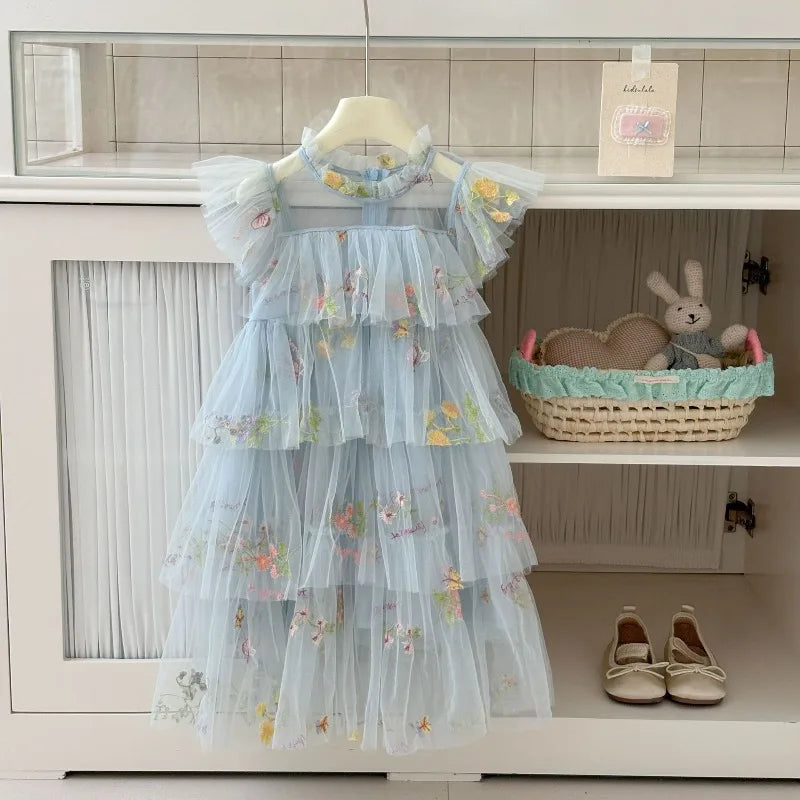 Girls Princess Dress Fairy Tulle Sweet Embroidered Cake Layered Dress for Kids Puffy Mesh Gown Birthday Party Wedding Dress