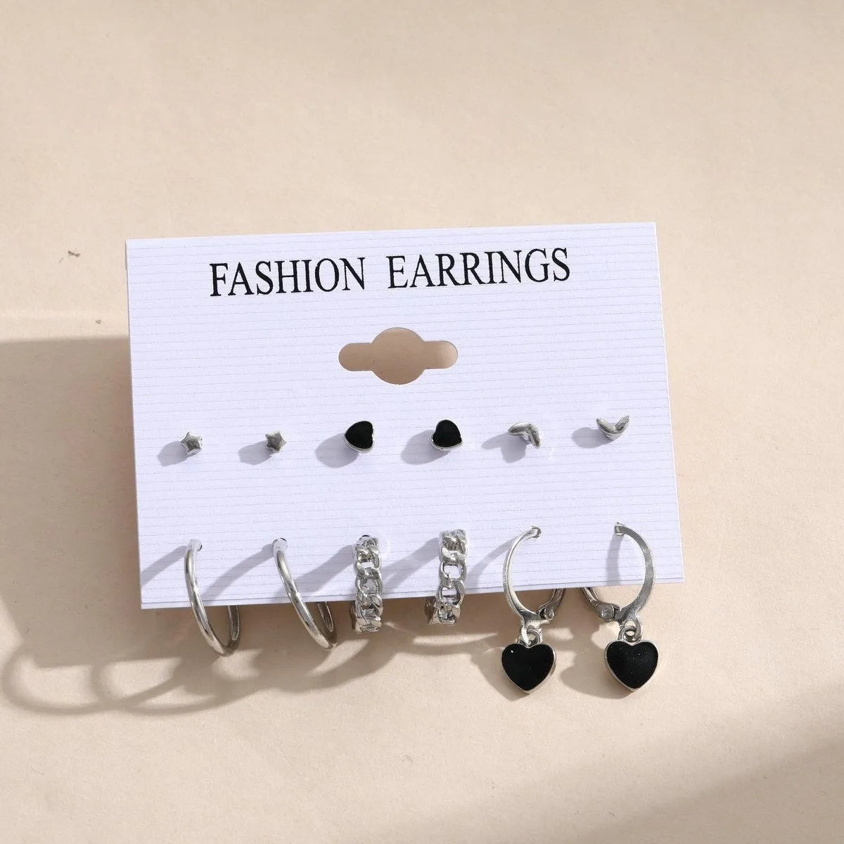 6 Pairs Korean Fashion Metal Start Heart Circle Small Earrings For Women Trend Black Heart Enamel Earrings Sweet Jewelry