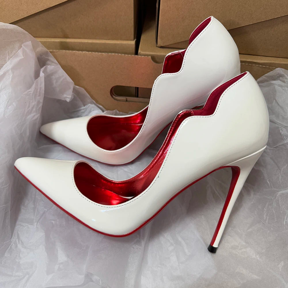 Heelgoo Glossy White Elegant Curl Cut Women Pointy Toe 12cm High Heels Black Dress Shoes Sexy V Cut Lady Wedding Stiletto Pumps