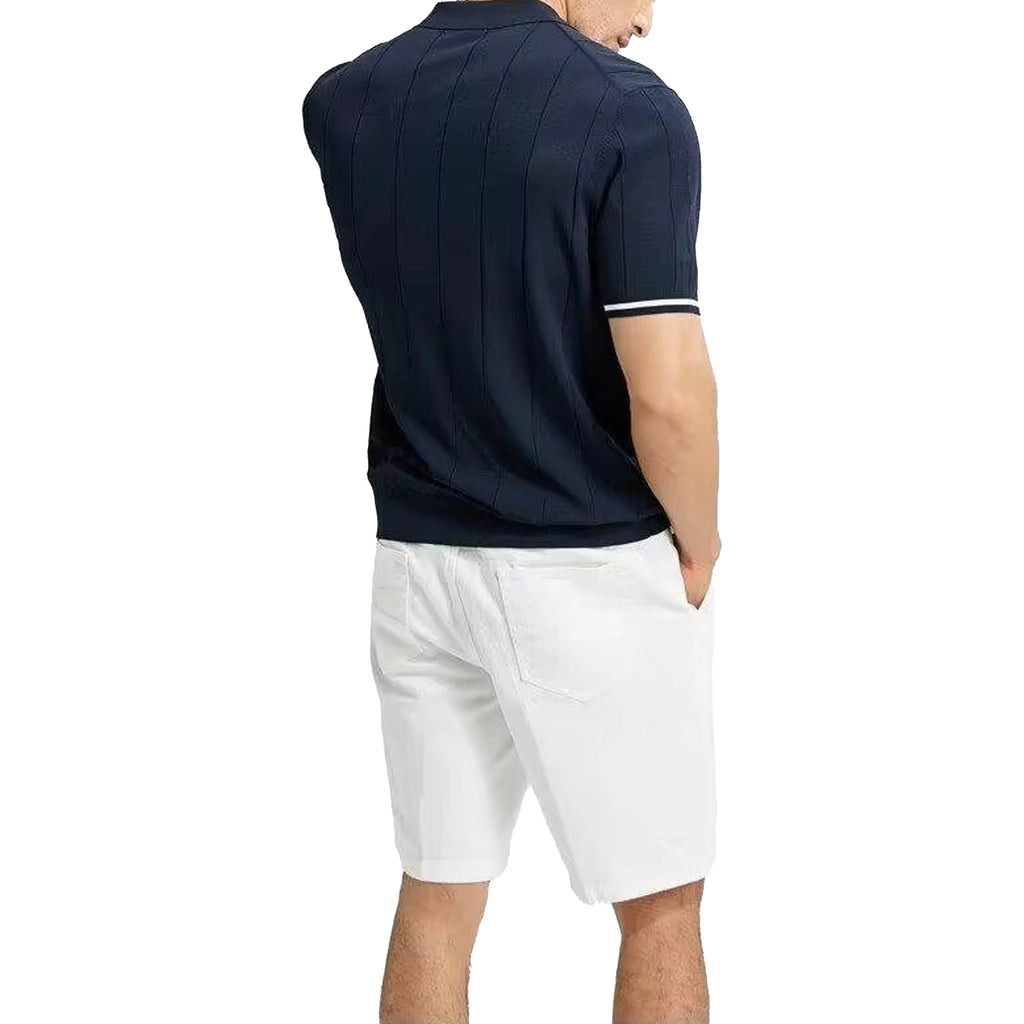 CH Men Vertical Striped Knit Polo Shirt Half Zip Lapel Short Sleeve CH Embroidery Top Breathable Business Casual Summer Male Tee