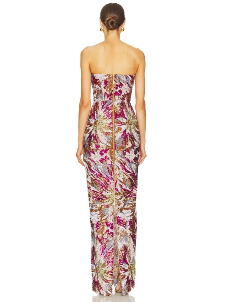 Sexy Strapless Multi Sequin Embroidery Long Dress Women Sleeveless Backless Luxury Sequined Slim Dresses Evening Party Gowns