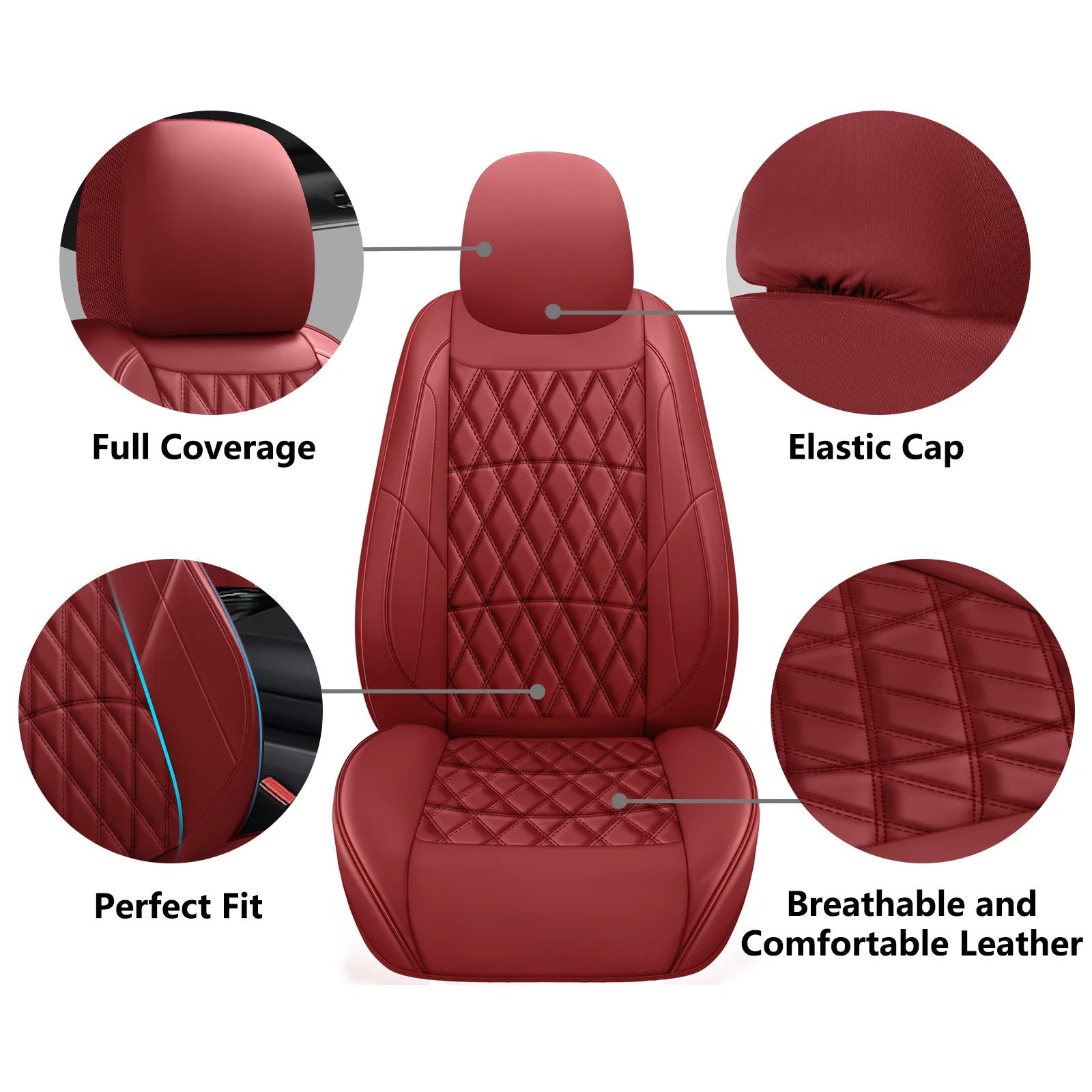 C03-Wine Red Five-Seat Car Seat Covers Universal Full Surround Car Seat Covers Fits 95% of Vehicle Models Car Accessories Driver's Seat Cover or Passenger Seat Cover All Season Universal Pad