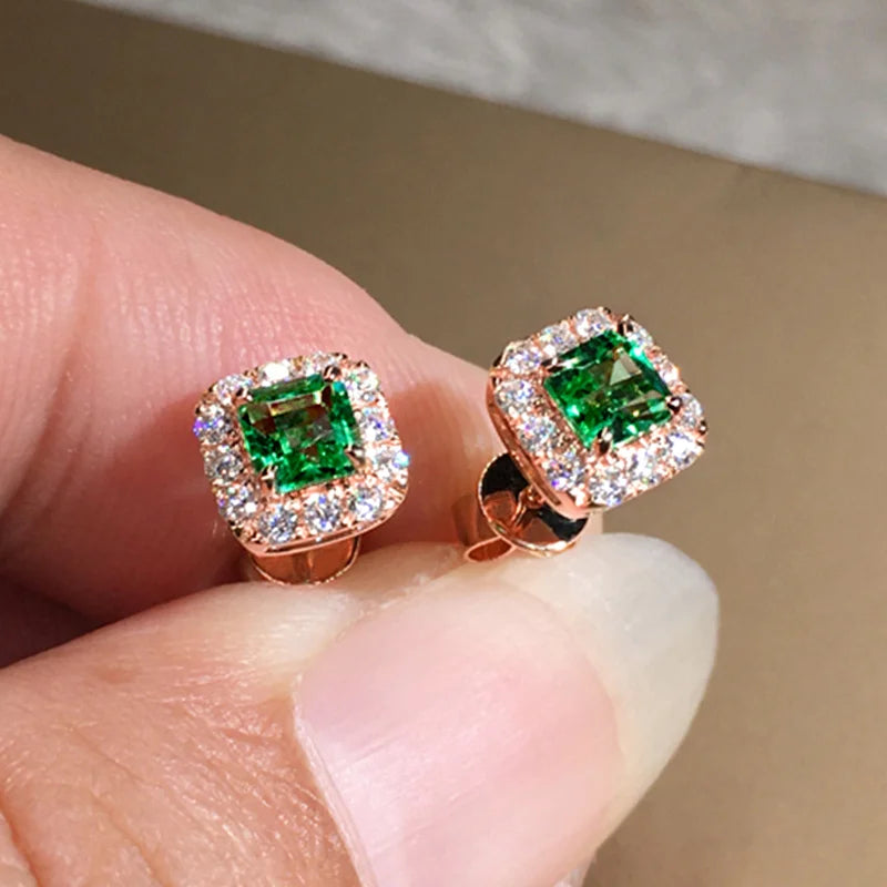 Huitan Eternity Green CZ Stud Earrings for Women Gold Color Luxury Bride Wedding Earrings Elegant Ear Accessories Party Jewelry