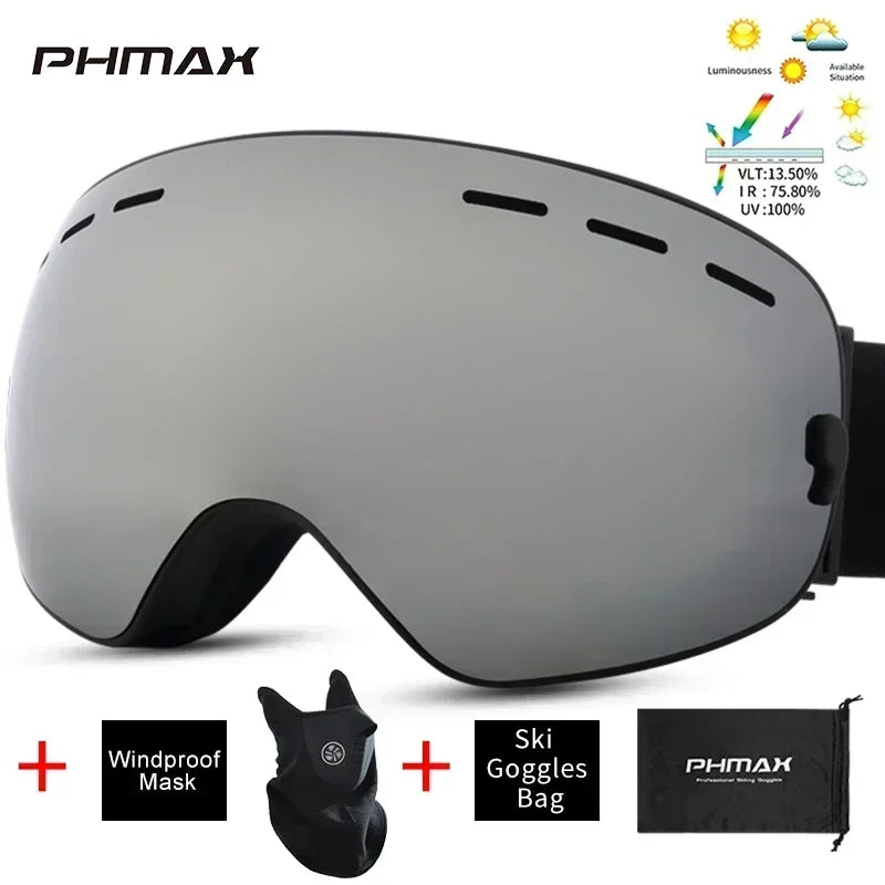 PHMAX Ski/Snowboard Goggles for Men Women, OTG Snow Goggles Anti Fog UV Protection Red Double Layers Lens Wide Vision Winter