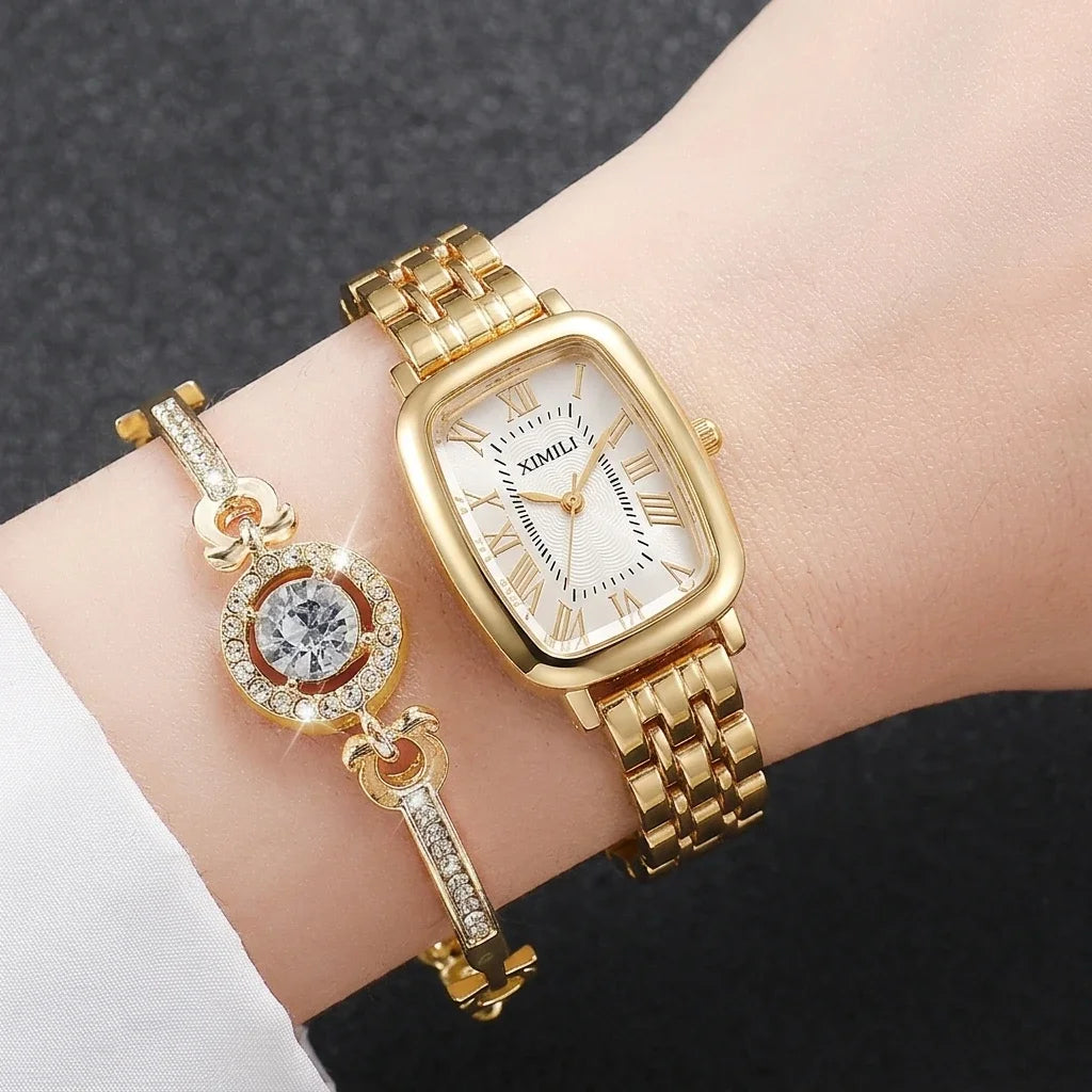 6PCS Elegant Roma Dial Women Quartz Watch Ladies Bracelet Strap Wristwatches Relogio Feminino Girls Clock Gift（Without Box）