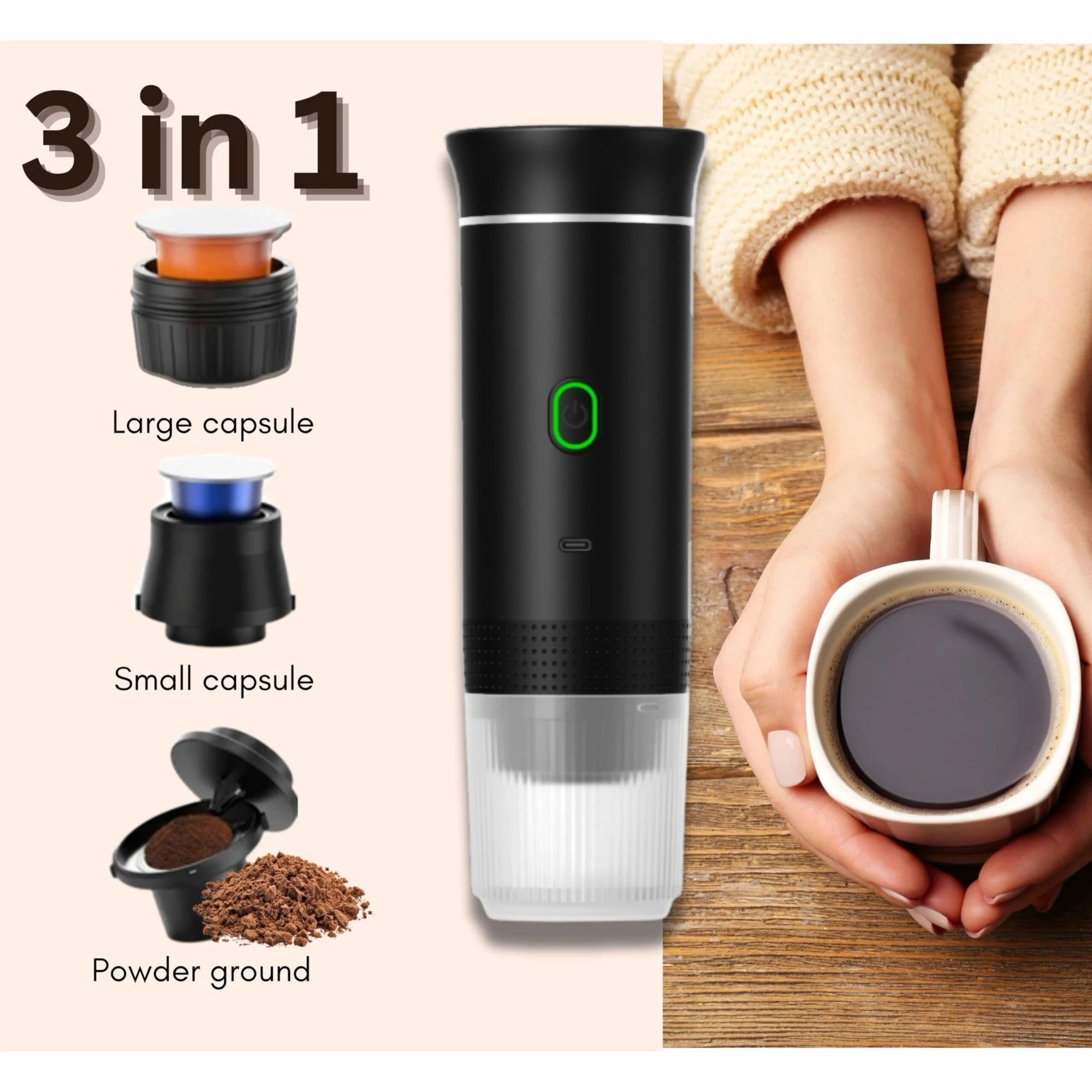 JustEvo Portable Espresso Machine 3-In-1 Travel Coffee Maker Compatible With Small Large Capsules And Ground Coffee Compact Electric Brewer For Car RV Camping Office Outdoor Your Mobile Coffee Shop