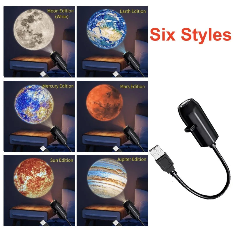 5V USB Projector Light Moon Earth Planet Night Light Switchable Pattern LED Projector Lamp for Room Ceiling Window Wall Decor