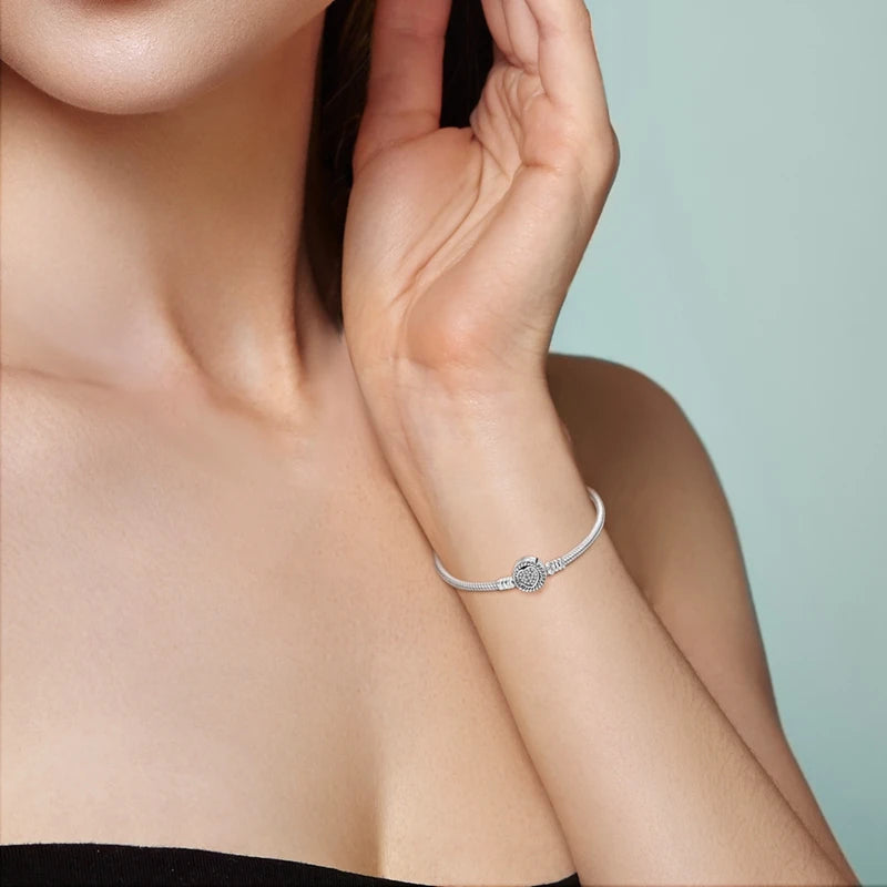 S925 Silver Plated Snake Bone Pattern and Inlaid Heart-Shaped Bracelet For Women Fit DIY Charms Beads Fine DIY Birthday Jewelry