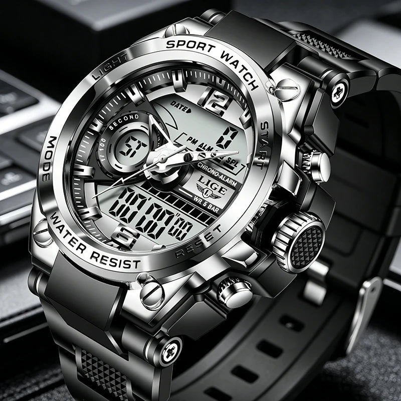 LIGE Men Sport Watch 50M Waterproof Dual Display Analog Digital Watch LED Backlight Chronograph Quartz Wristwatch Gift Box Set