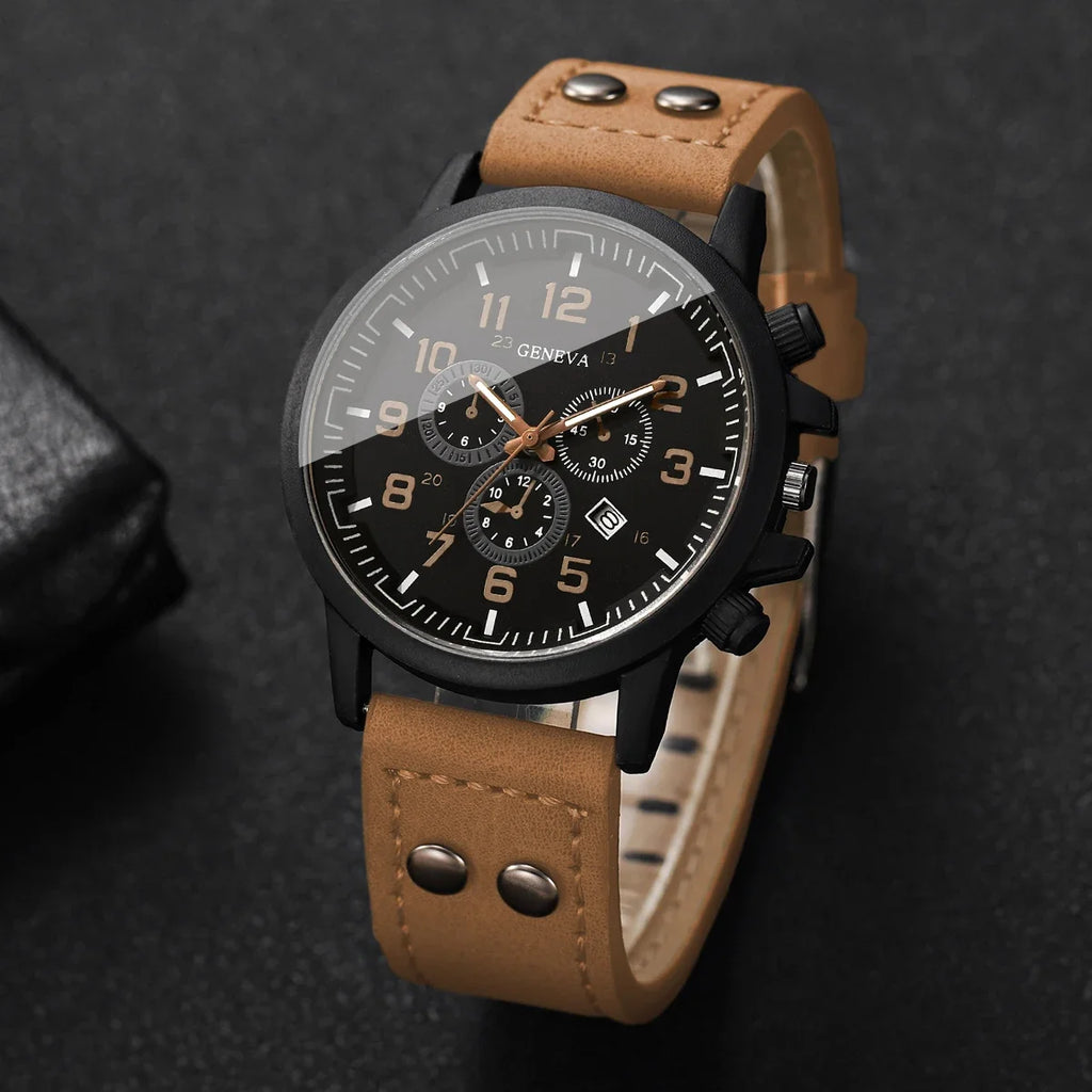 4PCS Retro Men Watch Jewelry Set Leather Strap Calendar Quartz Wristwatch Ring Necklace Bracelet Relogio Masculino（Without Box）