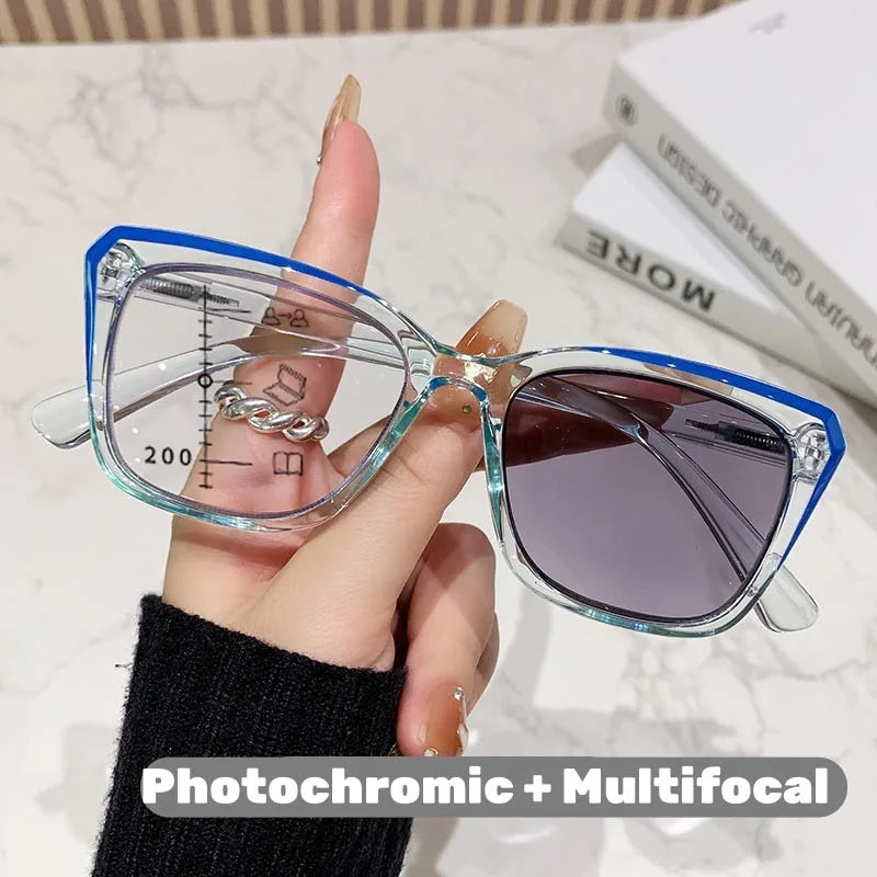 Transparent Frame Photochromic Multifocal Reading Glasses for Women Men Fashion Progressive Anti Blue Light Presbyopia Glasses