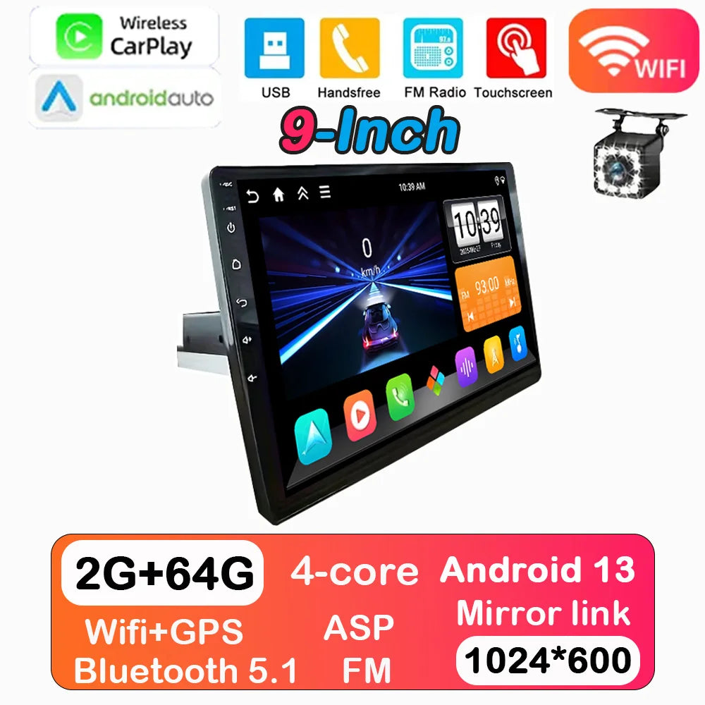 MTIJIEY 2+64G 9'' 4Core Android 13 1Din Car Multimedia CarPlay Universal Navigation GPS Headunit Auto Radio Audio Stereo DVD