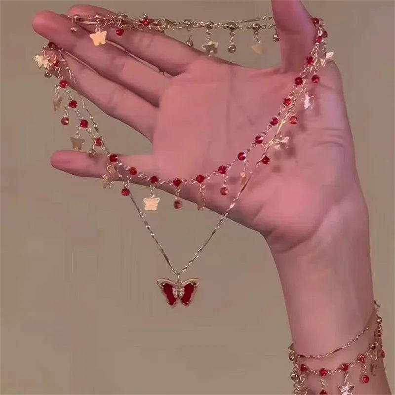 Luxury Crystal Zircon Butterfly Tassel Necklace for Women Elegant Double Layer Clavicle Chain Necklace Party Wedding Jewelry