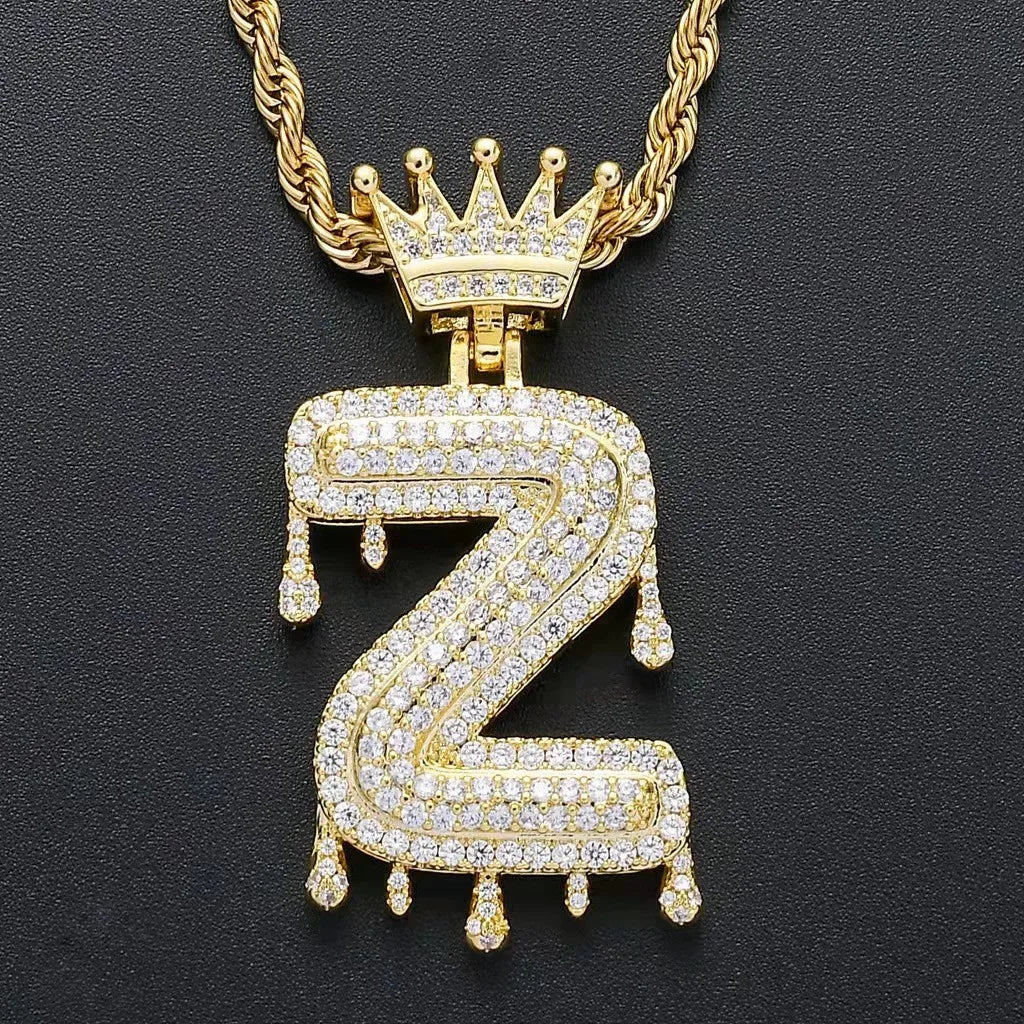 Hip Hop Iced Out Bling Cubic A-Z Drip Crown Zircon Initial Letters Necklaces Pendant Necklace Chain Men Jewelry with Rope Chain