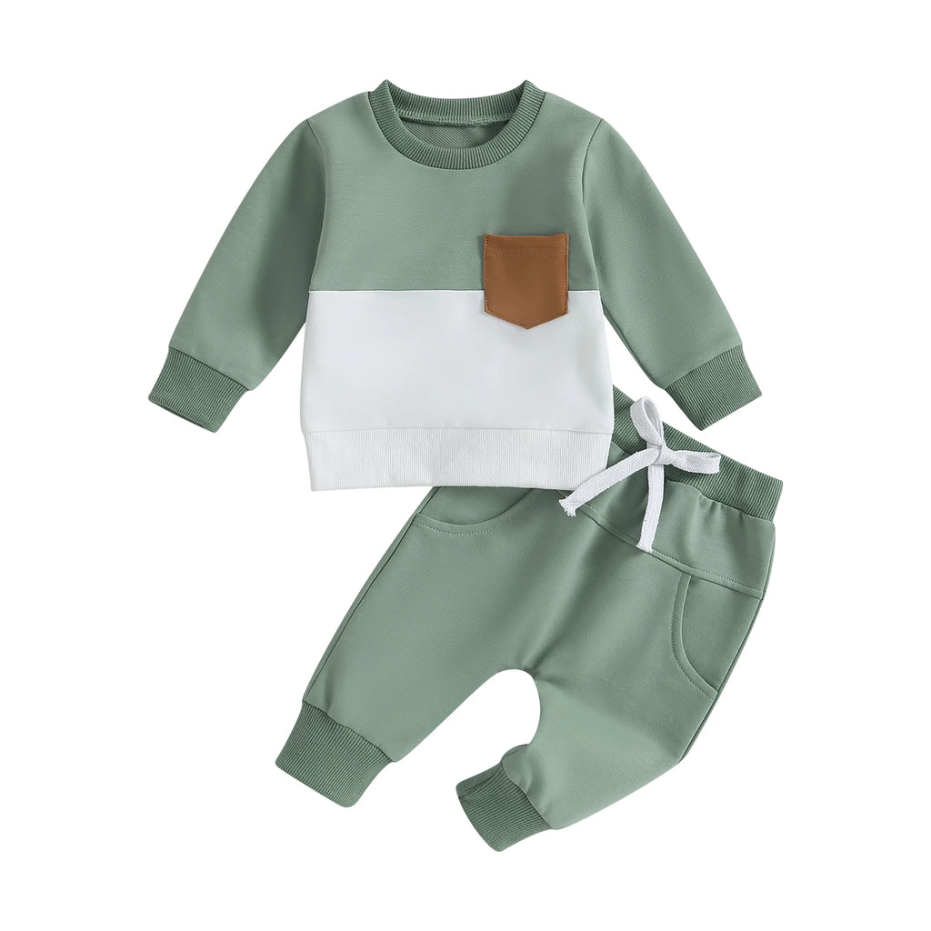 2PCS Winter Baby Tracksuit For Toddler Boys Outfits Contrast Color Long Sleeve Sweatshirts Tops Long Pants Toddler Clothes Set