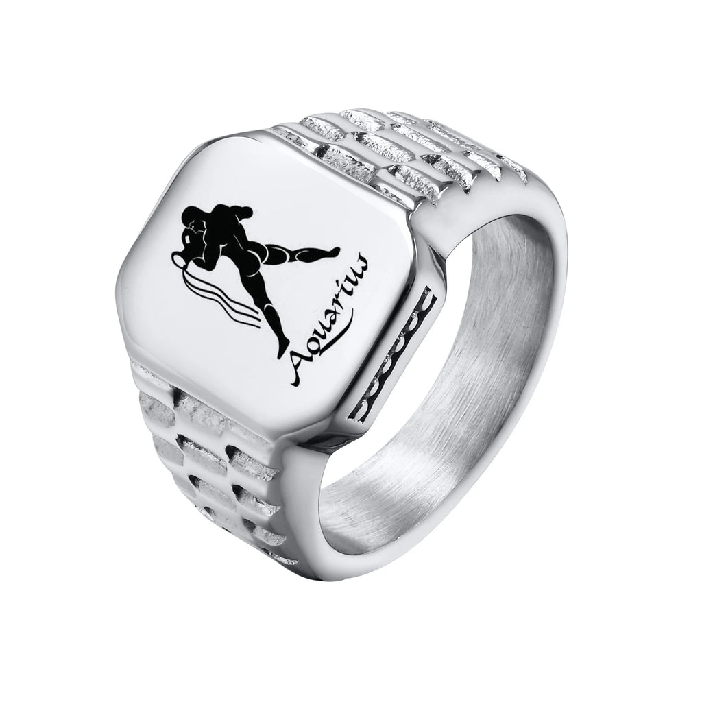 Free Custom 12 Zodiac Signet Rings for Men,Personalized Stainless Steel Finger Birthday Gift to Dad Father Husband Son