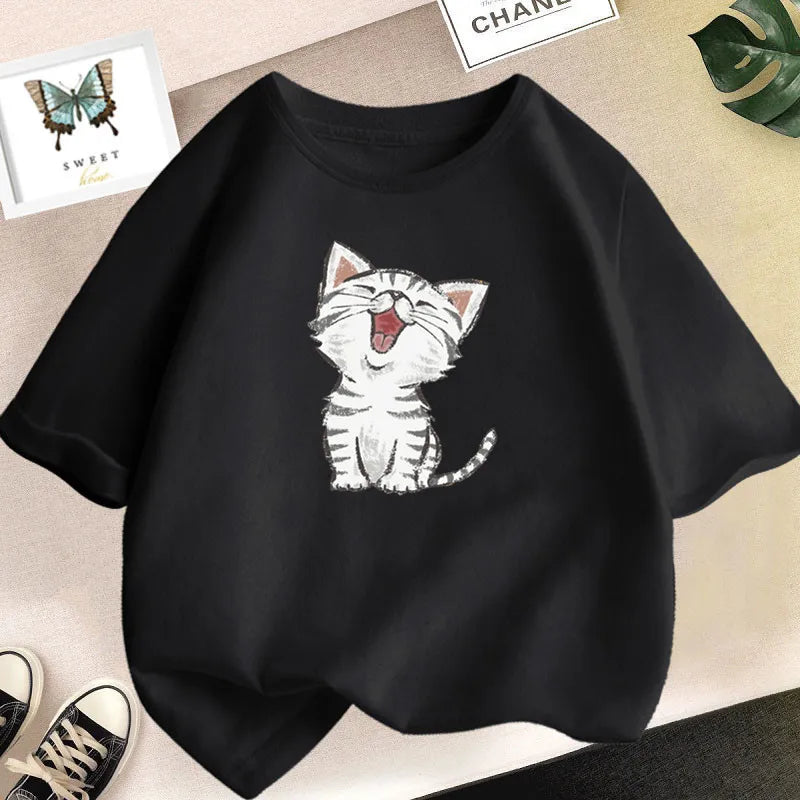 Girls Clothes 2024 Summer Fashion T-Shirt Fun And Cute Cat Kitten Print Short-Sleeved Tops Children Summer Clothes