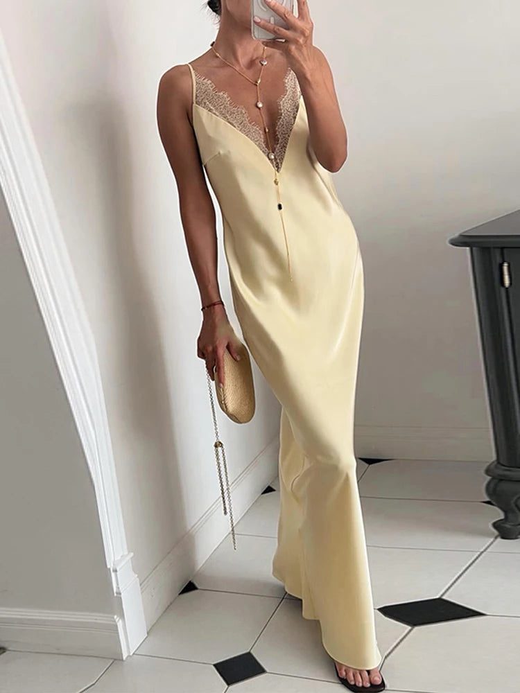 Elegant Lace Patchwork Women's Dress V-Neck Slip Top Sleeveless Lady Long Dresses 2026 Summer Autumn Vacation Female Robe