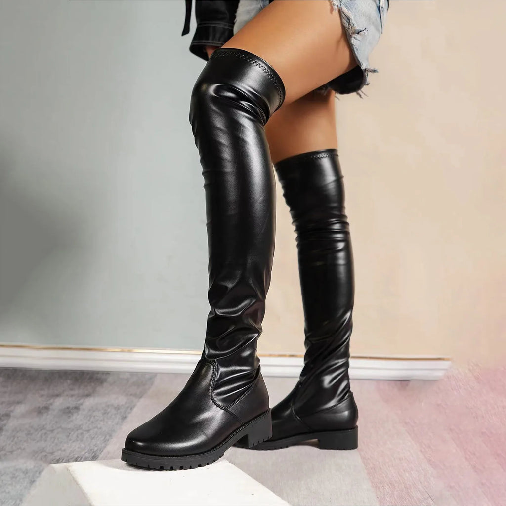 Ladies Calf High Boots Low Heel Solid Color Shiny Elastic Leather Boots Black Slim Non Slip Chunky Heels Over Knee Boots