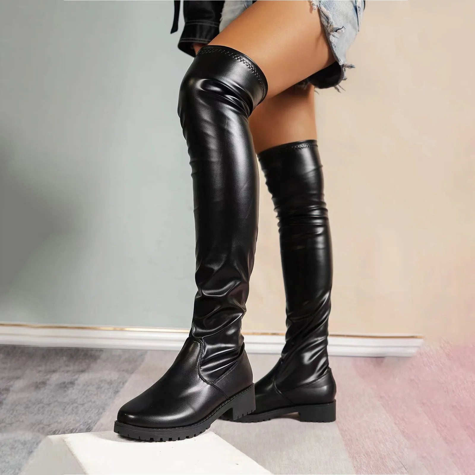 Ladies Calf High Boots Low Heel Solid Color Shiny Elastic Leather Boots Black Slim Non Slip Chunky Heels Over Knee Boots