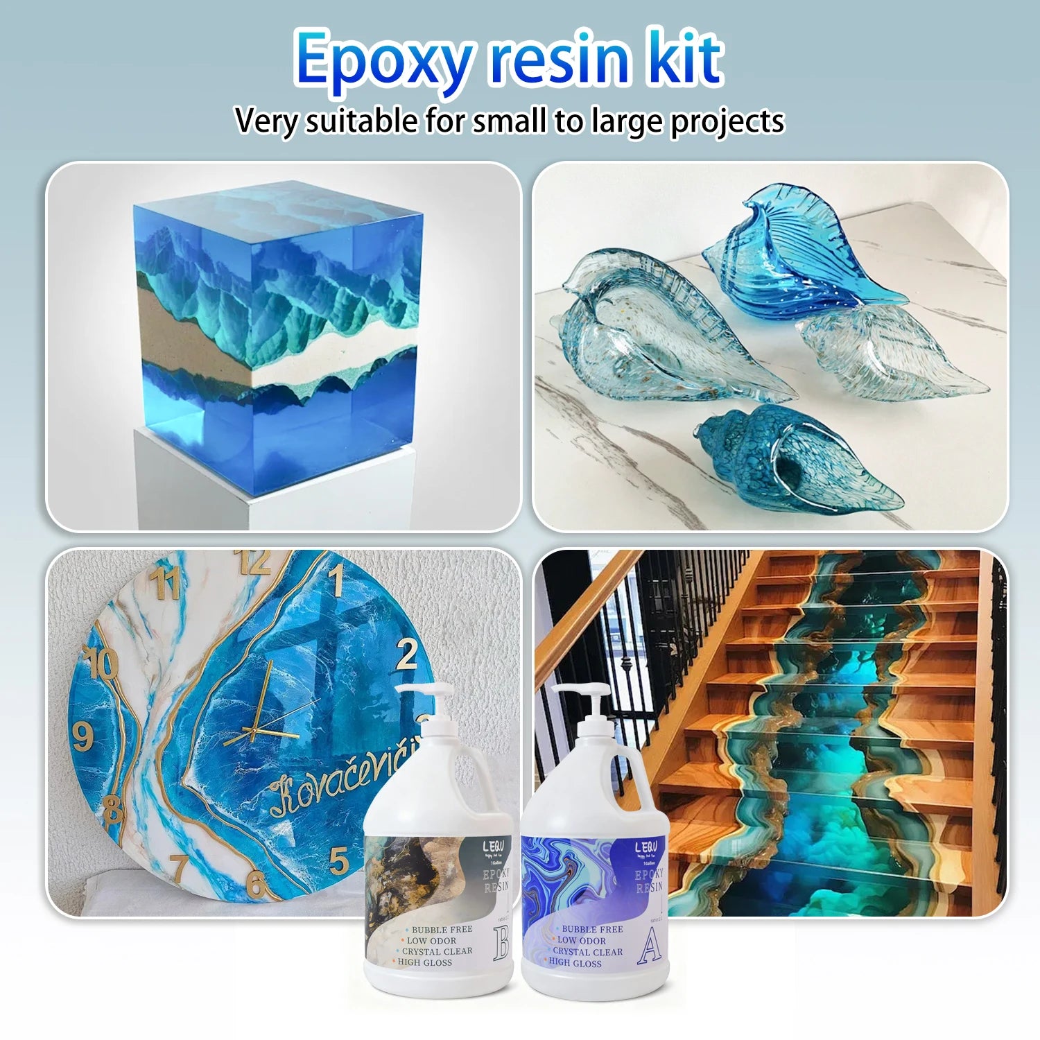 LEQU 2 Gallon Crystal Clear Epoxy Resin Kit, Bubble-Free & Non-Yellowing, Fast-Curing for Coating, Casting, Jewelry, Table Tops, Bar Tops, Solid Wood Side Tables, Handicrafts