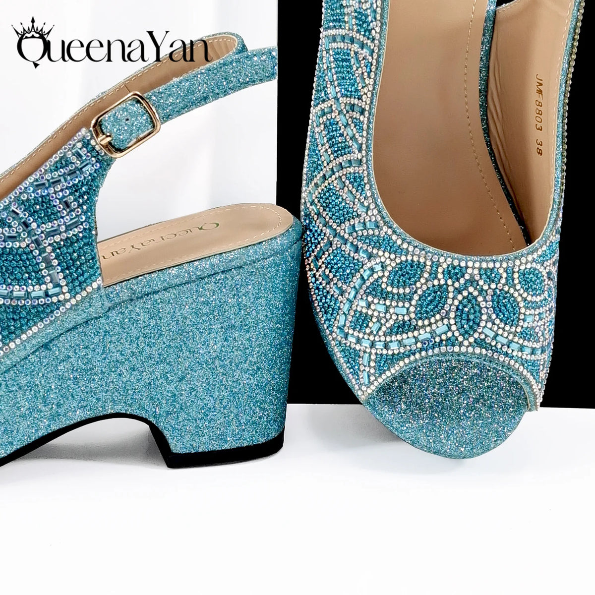 Queena Yan Sky Blue Elegant Nigerian Rhinestone Wedding Shoe and Bag Set Italian Inspired High Heels and Matching Handbag