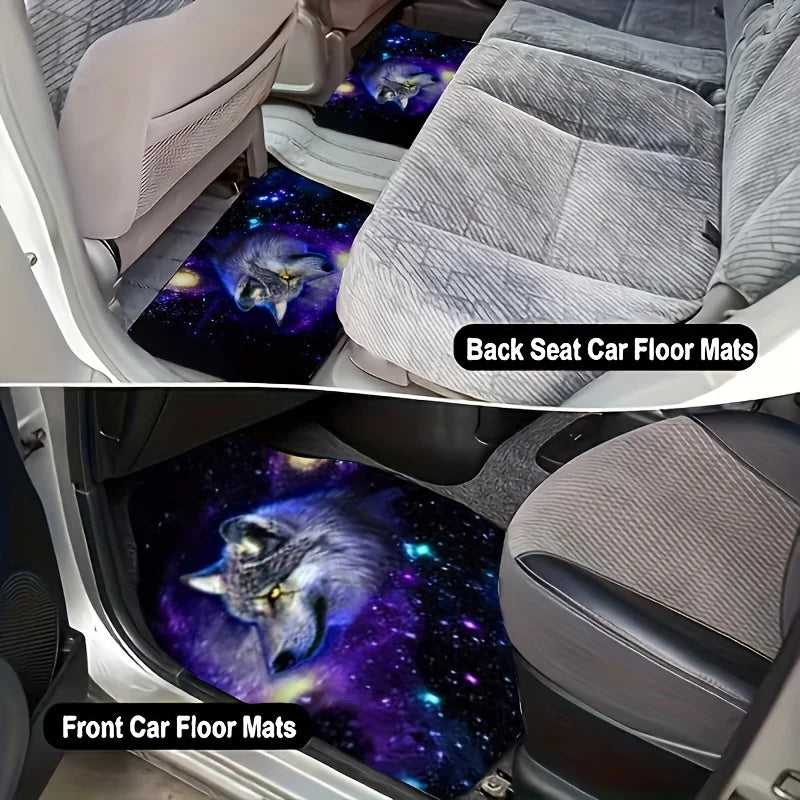 Complete Set of Galaxy Wolf Head Design for Car Interiors, Including Seat Covers, Floor Mats, Steering Wheel Cover, And Armrest
