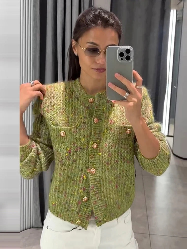 Knitted Cardigan For Women Single Breasted Elastic Hem Pocket O-Neck Women's Sweater Long Sleeve Short Blouse Chic Cardigan Lady