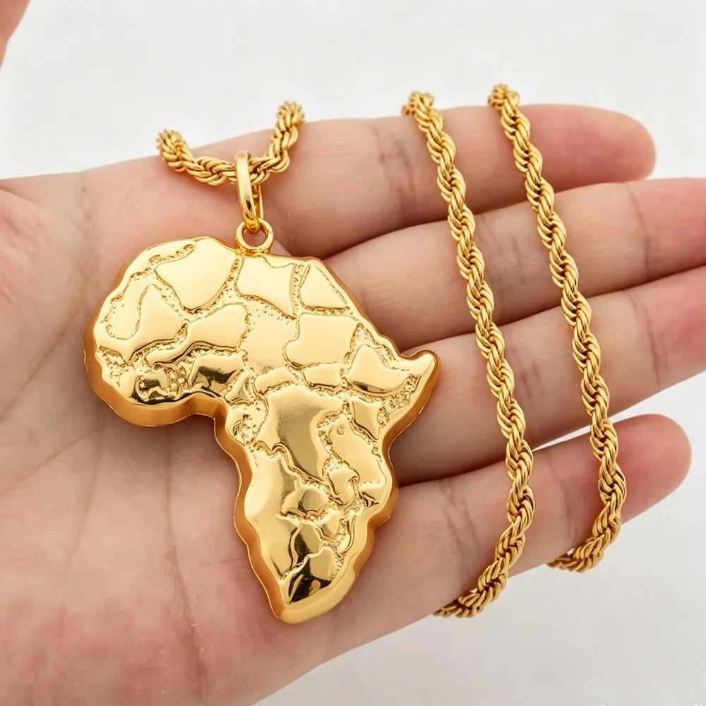 Africa Map Pendant Gold Color 60cm Necklaces for Women Men African Maps Jewelry High Quality Unique Elephants Leopards Jewellry