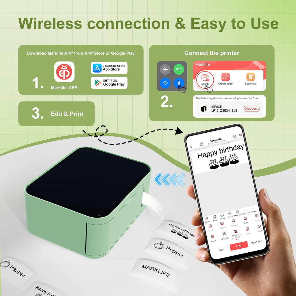 Marklife P15 Mini Label Printer Portable Thermal Printer Inkless Self-adhesive Paper Sticker Printing Machine Name Tag Labeller