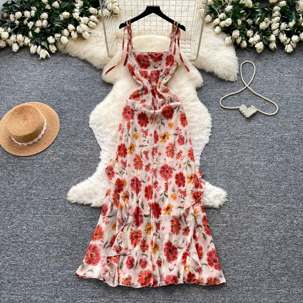 French Vacation Floral Spaghetti Strap A‑Line Midi Dress Women Summer High Waist Ruffled Slim Elegant Dresses