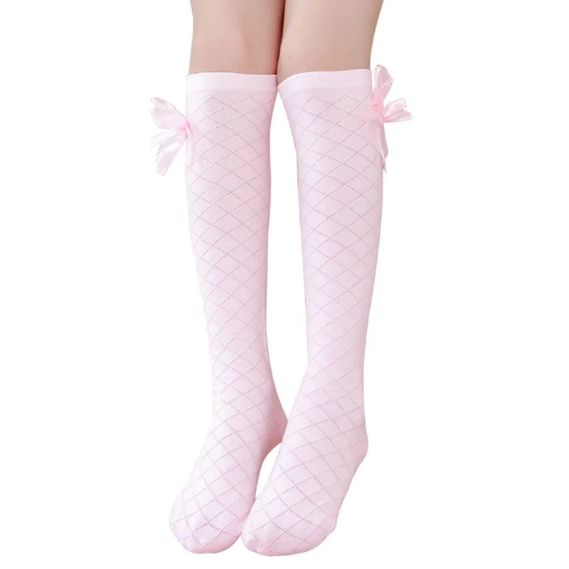 Knee High Girls Socks for Kids Children Golf Cotton Bow Long Tube Stitch Sock Baby Toddler Little Princess Popular Tall Calf