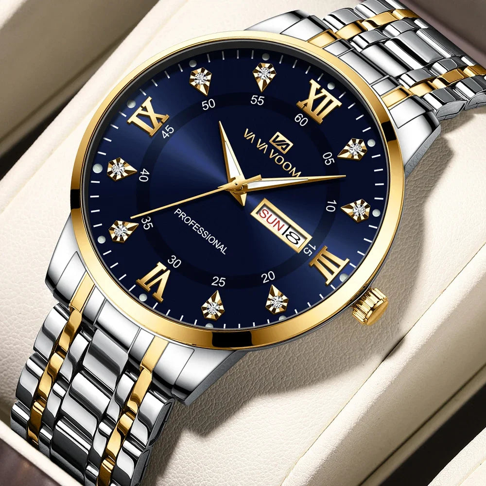 VA VA VOOM Top Brand Luxury Men Watch Week Quartz Movement Business Clock Black Stainless Steel 3Bar Waterproof Couple Men Watch