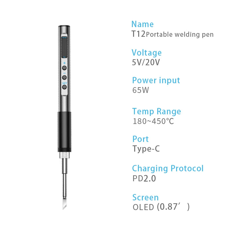 PTS100 T12 Soldering Iron Type-C Powered, PD Fast Charge, 65W High Power, Full Metal CNC Body, Adjustable Temperature