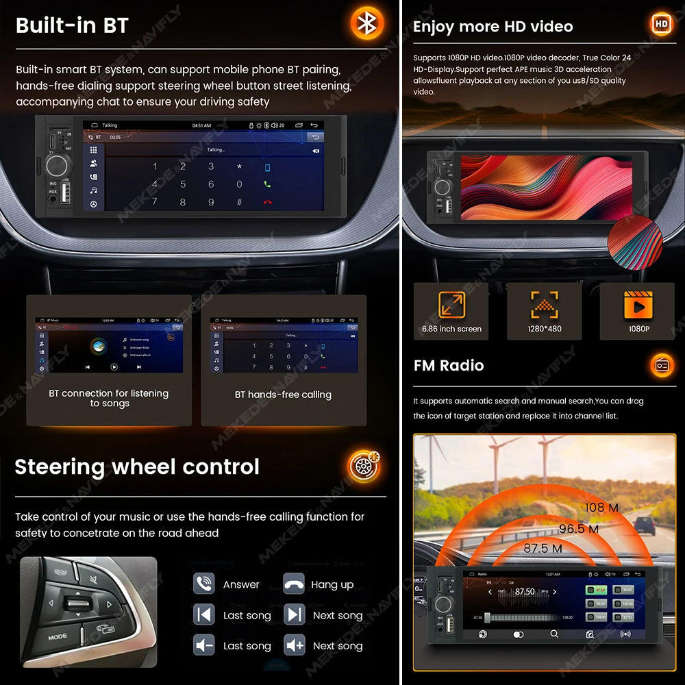 Universal 1 Din Car Stereo 6.86Inch HD Touch Screen Car Multimedia Player Wireless CarPlay Auto BT FM USB Car Radio Audio Player