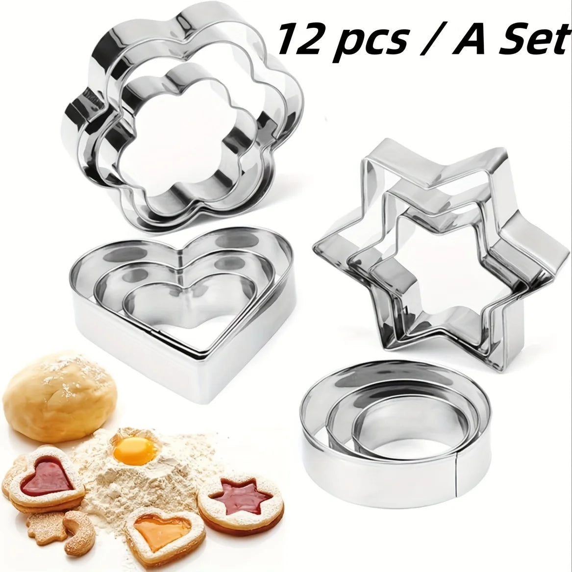 12pcs Metal Cookies Cutters Set, Creative Star Cookie Cutter, Round/Heart/Flower Shaped Egg Molds, Indoor Outdoor Baking Tools
