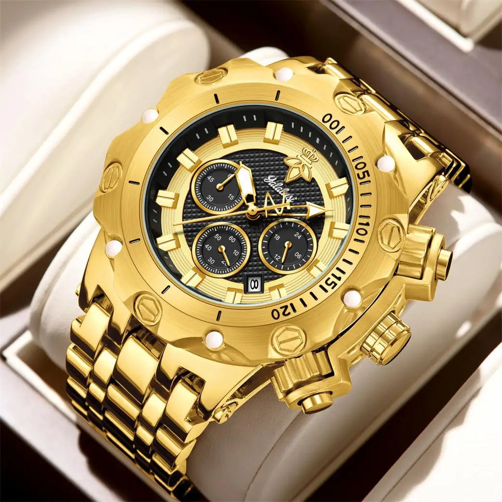 YaLaLuSi Men Gold Watch Multi Chronograph 3 Subdials Heavy Duty  Bracelet Luminous Dial Sport Quartz Wristwatch Male Gift Clock