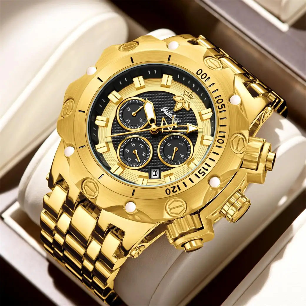 YaLaLuSi Men Gold Watch Multi Chronograph 3 Subdials Heavy Duty  Bracelet Luminous Dial Sport Quartz Wristwatch Male Gift Clock