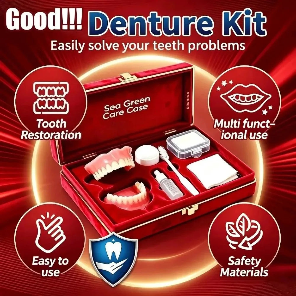 Premium Full‑Mouth Silicone Comfort Dentures for Adults, Soft Reline False Teeth Set with Storage Box Toothbrush Removal Hook