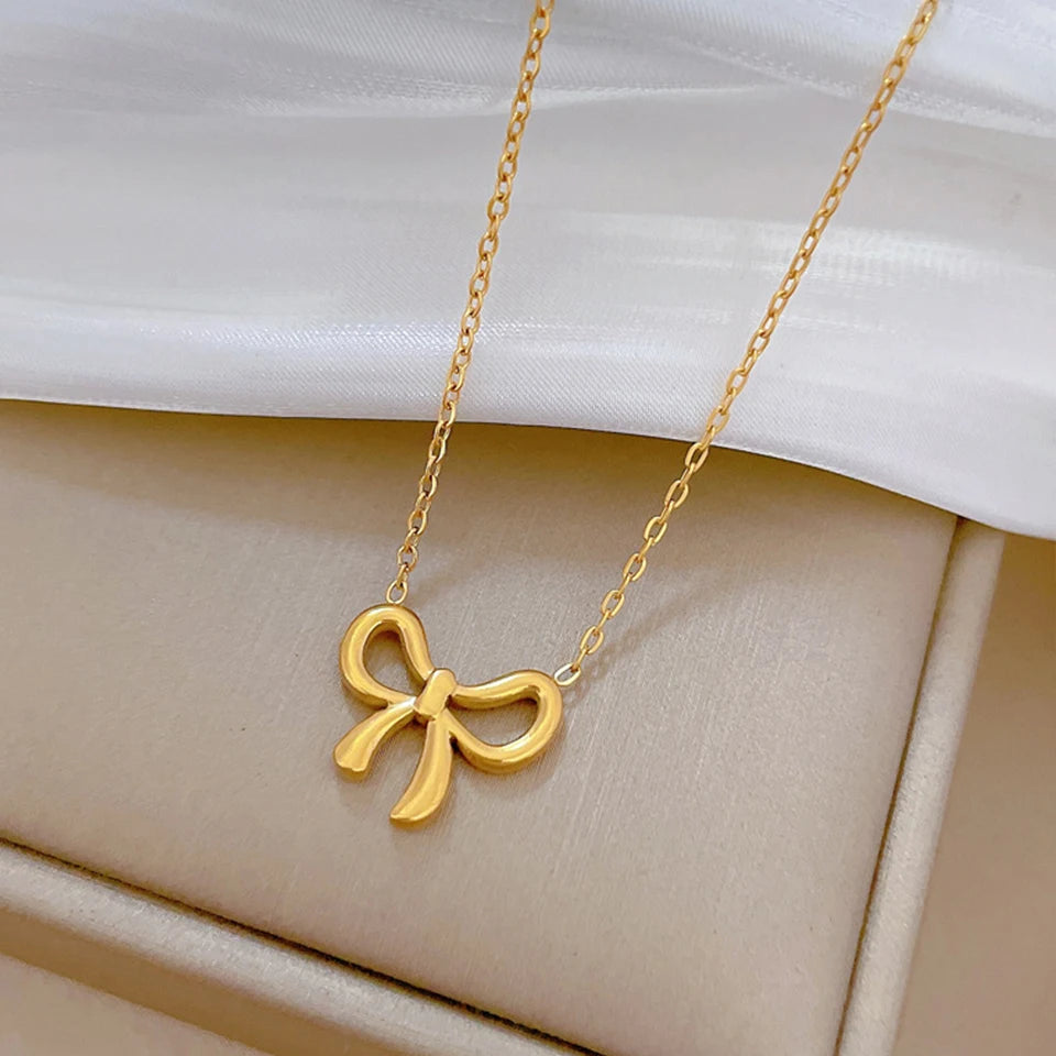 Yupsk Simple Korean Fashion Stainless Steel Bowknot Necklace for Women Delicate Bow Tie Charm Choker Necklaces Girls Gift