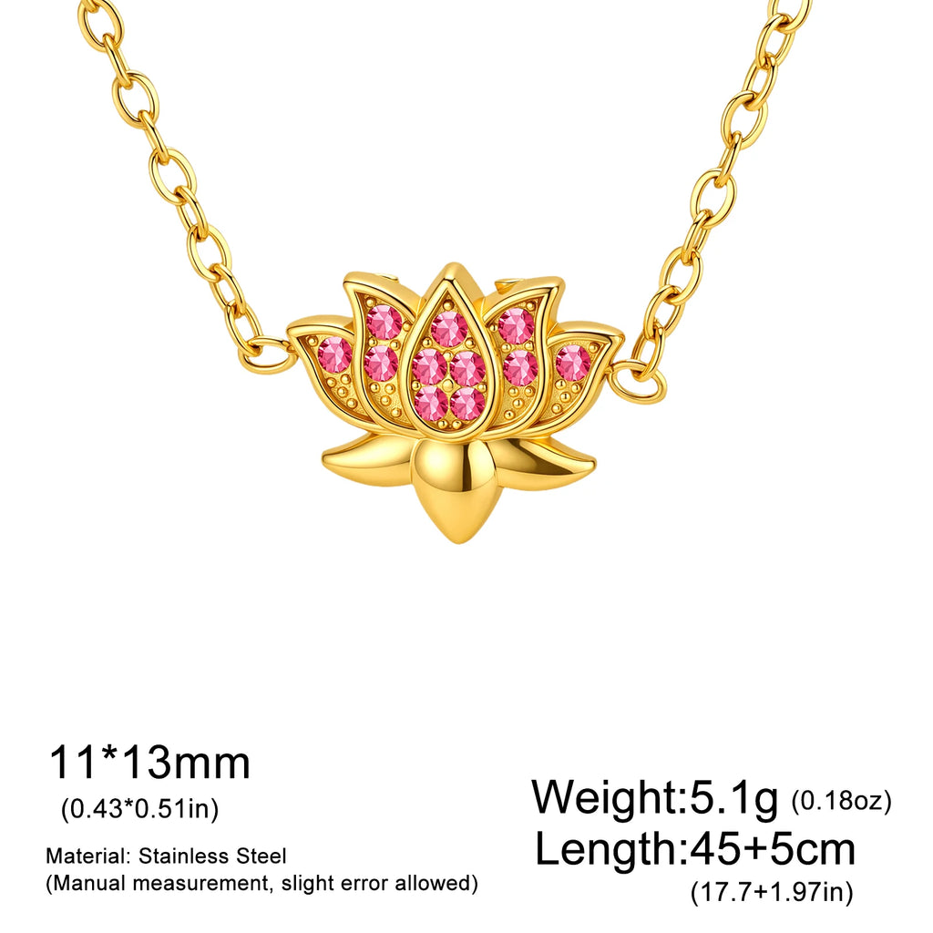 Skyrim Lotus Pendant Necklace for Women Stainless Steel Gold Color Cubic Zirconia Flower Clavicle Chain Spiritual Yoga Jewelry