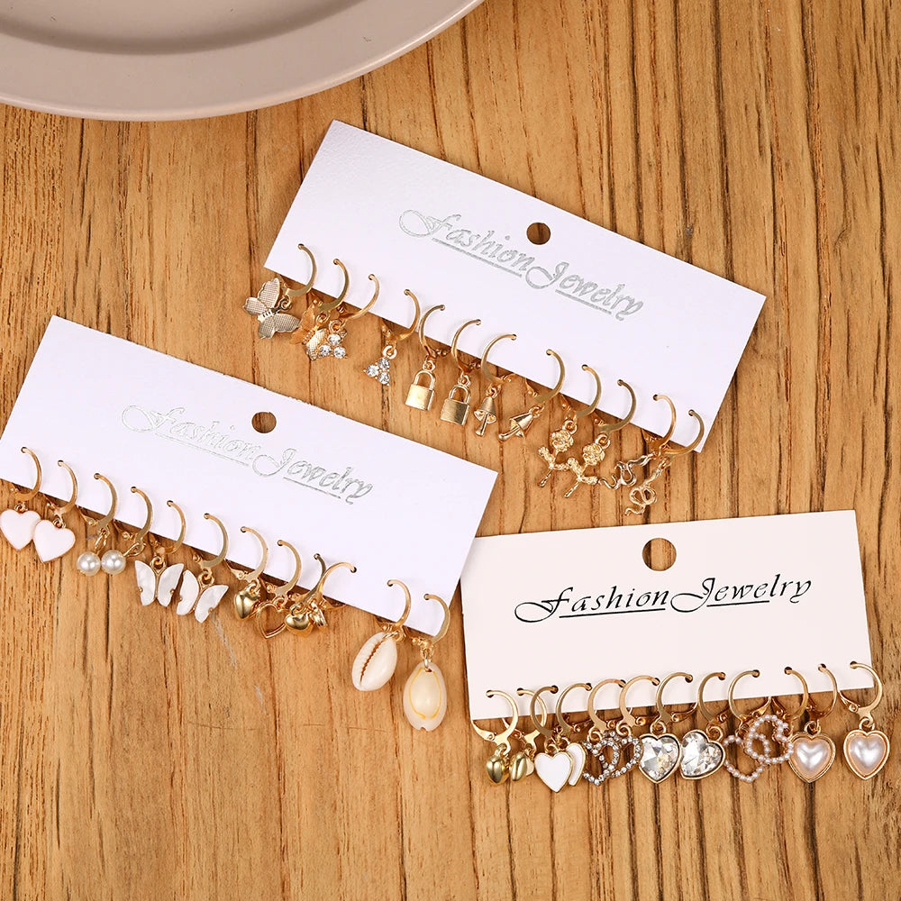 18 Pairs Of Lady Earrings Snake Butterfly Mushroom Lock Diamond-encrusted Zircon Pearl Love Earring Set