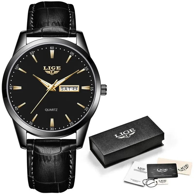 LIGE Fashion Watches Men Top Brand Luxury Quartz Watch Men Leather Strap Waterproof Business Casual Men Wristwatches Clock