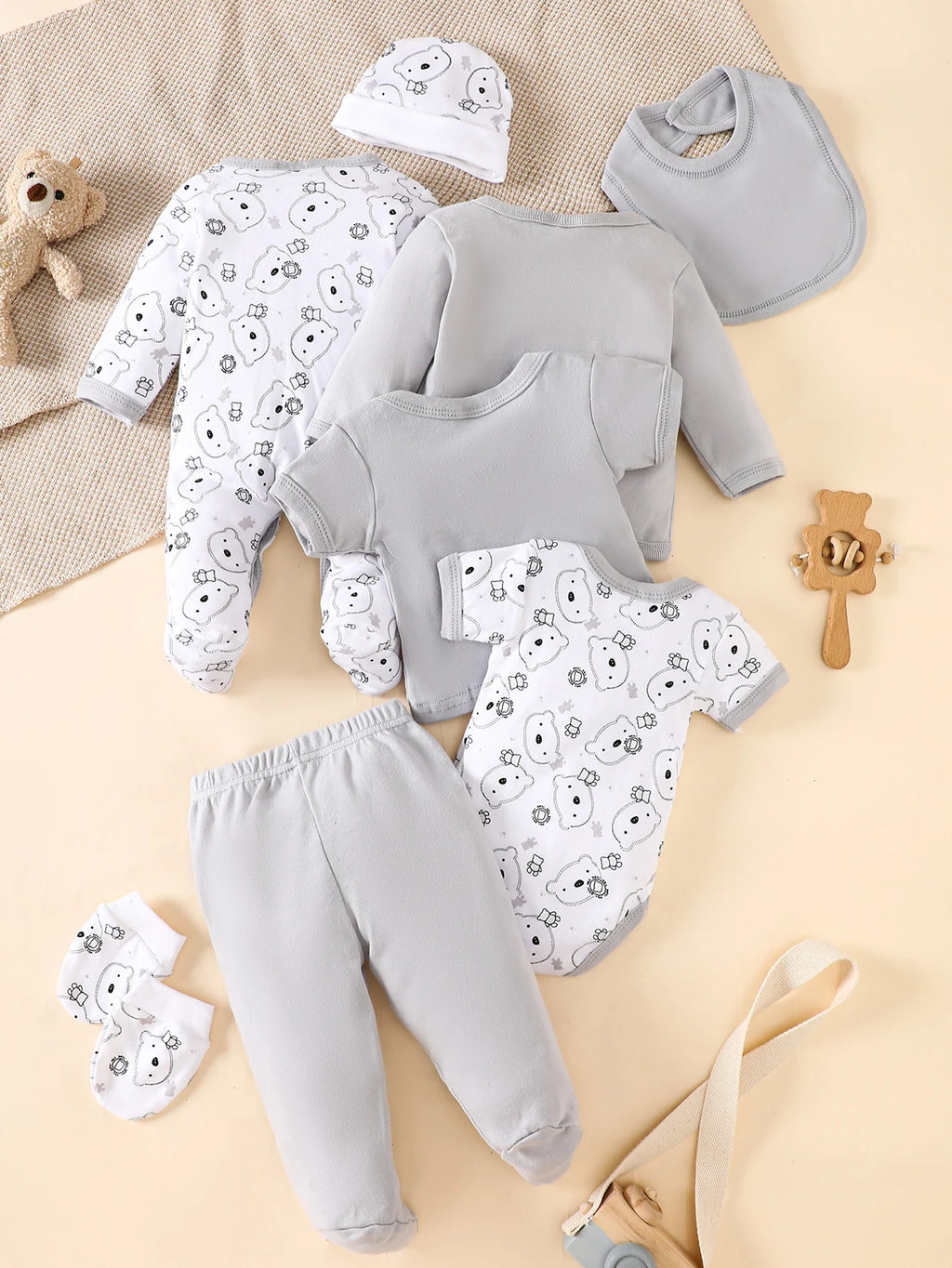 8-Piece Baby Romper Set | 100% Cotton | Cute Grey Bear Print | For 0-9M Infants