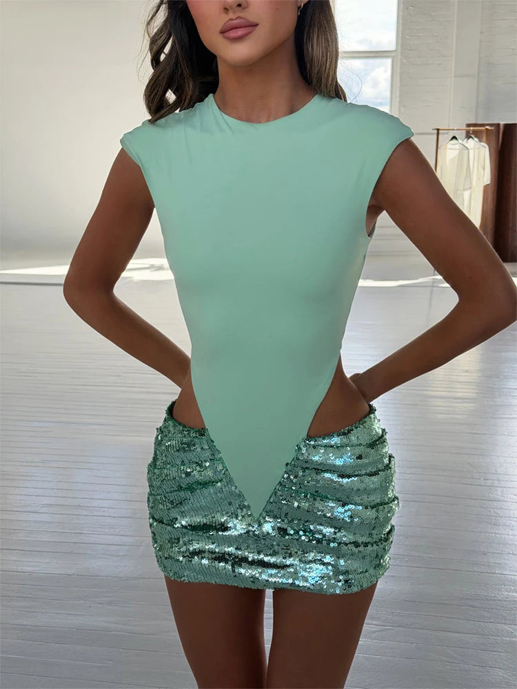 Sexy Sequin Lace Trim Patchwork Short Dress Women V Neck Sleeveless High Waist Mini Sling Dresses 2026 Summer Vacation Lady Robe