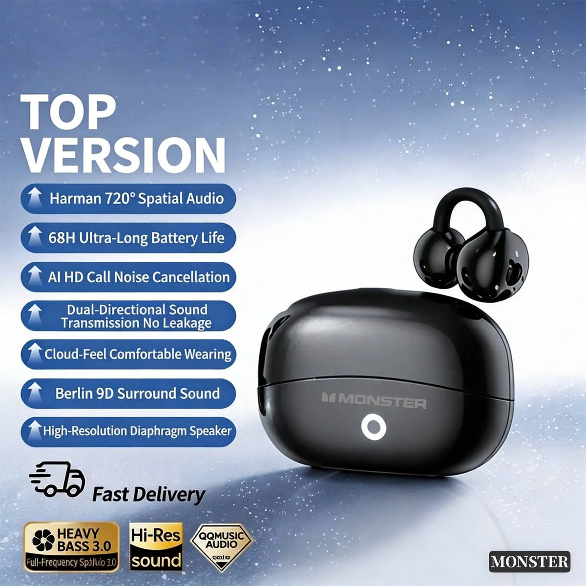 Monster Wireless Bluetooth Earphones HIFI Surround Sound Sport Earburd Long Endurance Noise Reduction Gaming Headset
