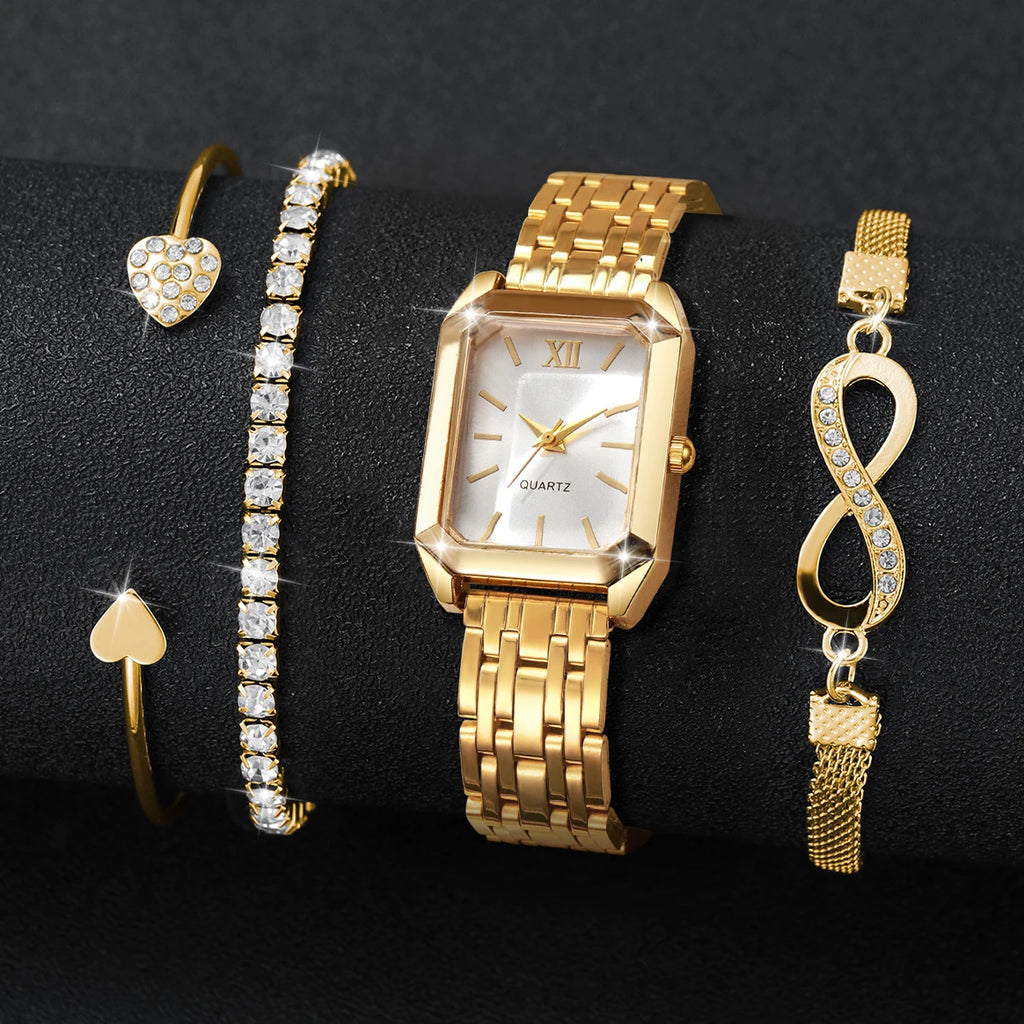 4PCS Fashion Rectangle Women Watch Rhinestone Bracelets Set Elegant Roma Dial Quartz Wristwatches Reloj Mujer (Without Box)