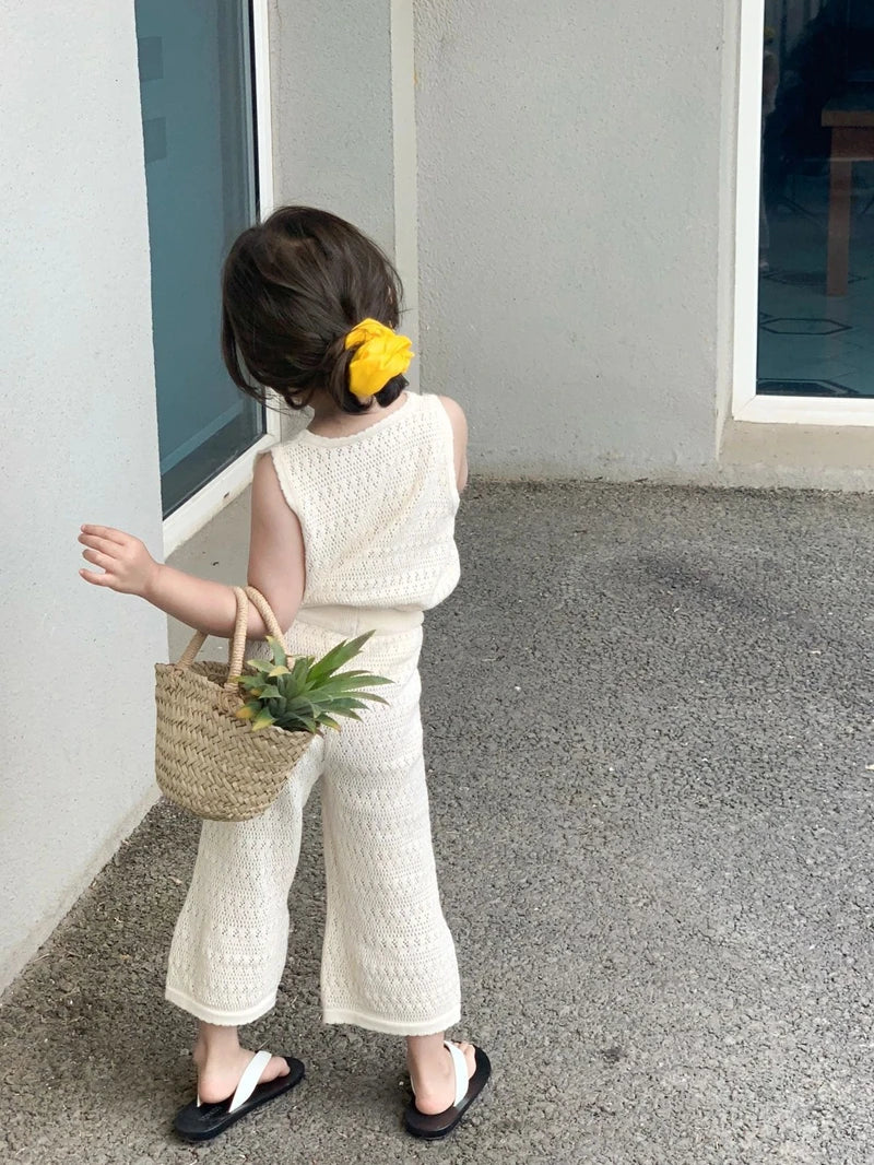 Girl's Clothing Sets Summer Korean Thin Knitted Girl Set Children Hollow Breathable Vest + Wide Leg Pants Two-piece Suit