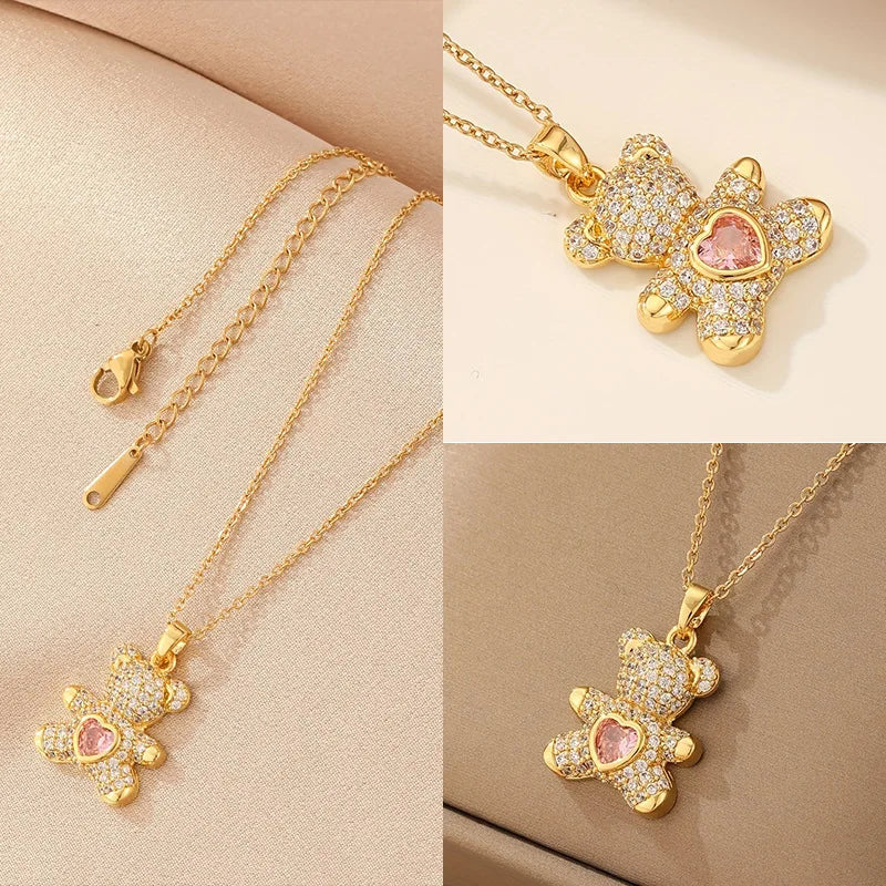 High end Cute Teddy Bear Pendant for Women, Delicate and Shiny Animal Necklace, Korean Popular Jewelry Gift for Girlfriends